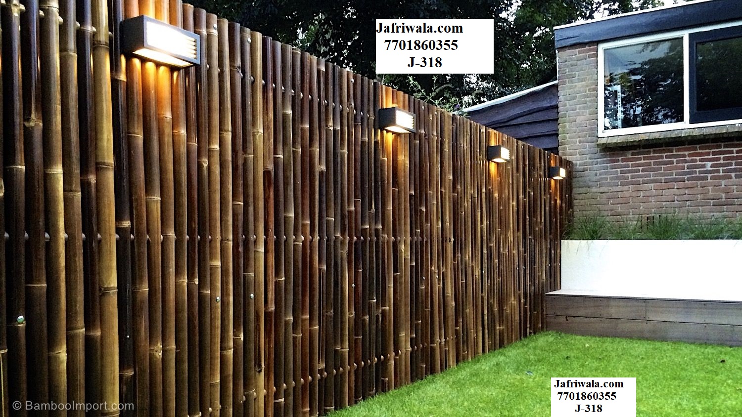 Home 2 A modern outdoor Bamboo partition made of vertical bamboo poles with warm wall-mounted light attached at intervals